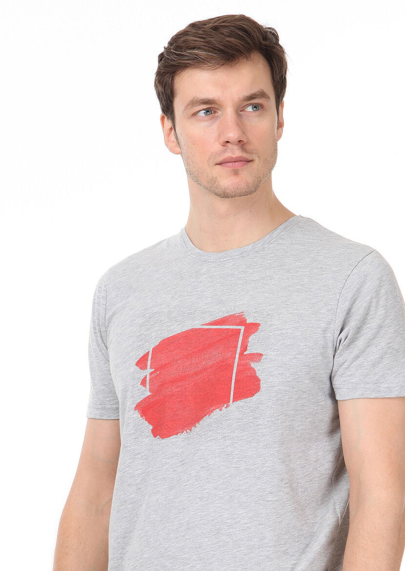 Açık Gri Baskılı %100 Pamuk T-Shirt - 2