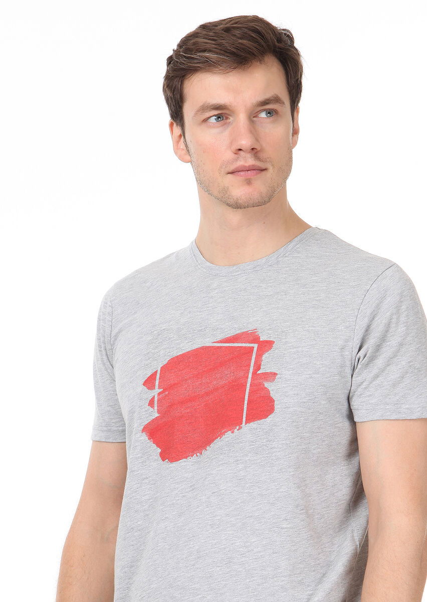 Açık Gri Baskılı %100 Pamuk T-Shirt - 2