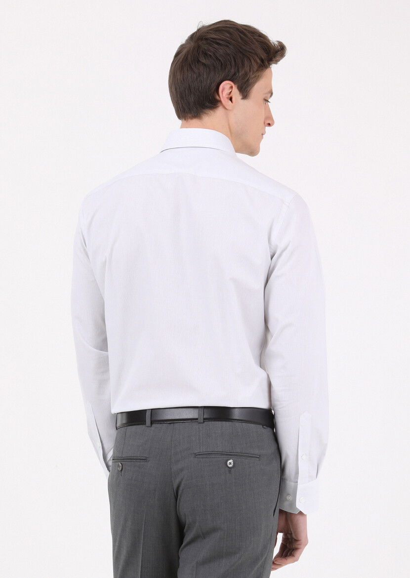 Açık Gri Çizgili Regular Fit Dokuma Klasik %100 Pamuk Gömlek - 5