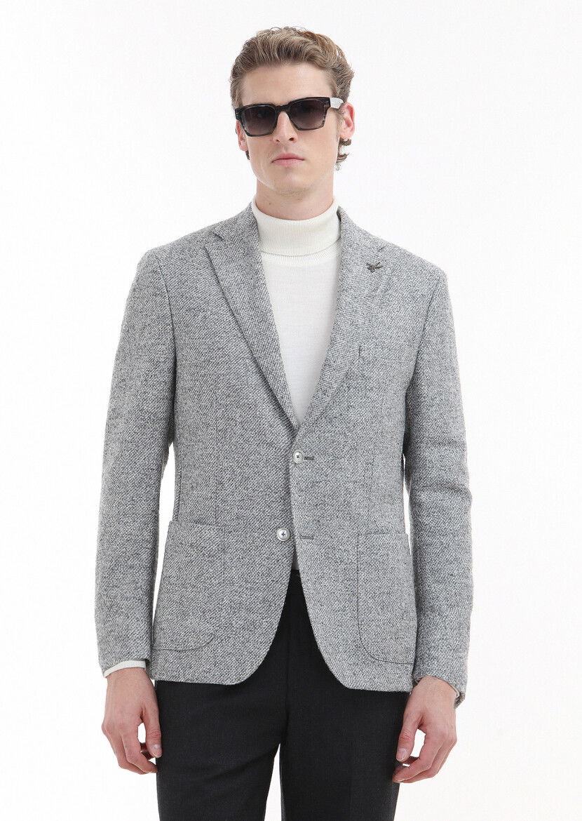 Açık Gri Desenli Shirt Shoulder Slim Fit %100 Yün Örme Ceket - 1