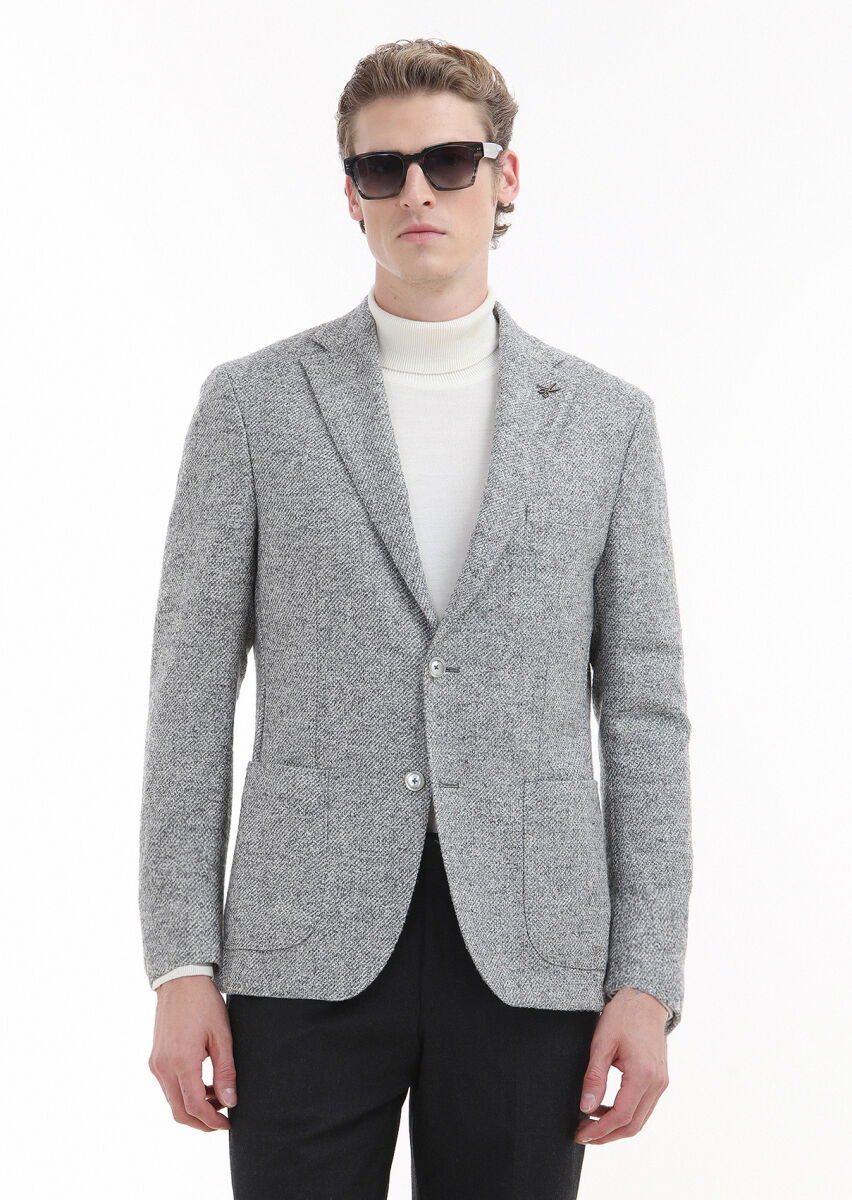 Açık Gri Desenli Shirt Shoulder Slim Fit %100 Yün Örme Ceket - 1