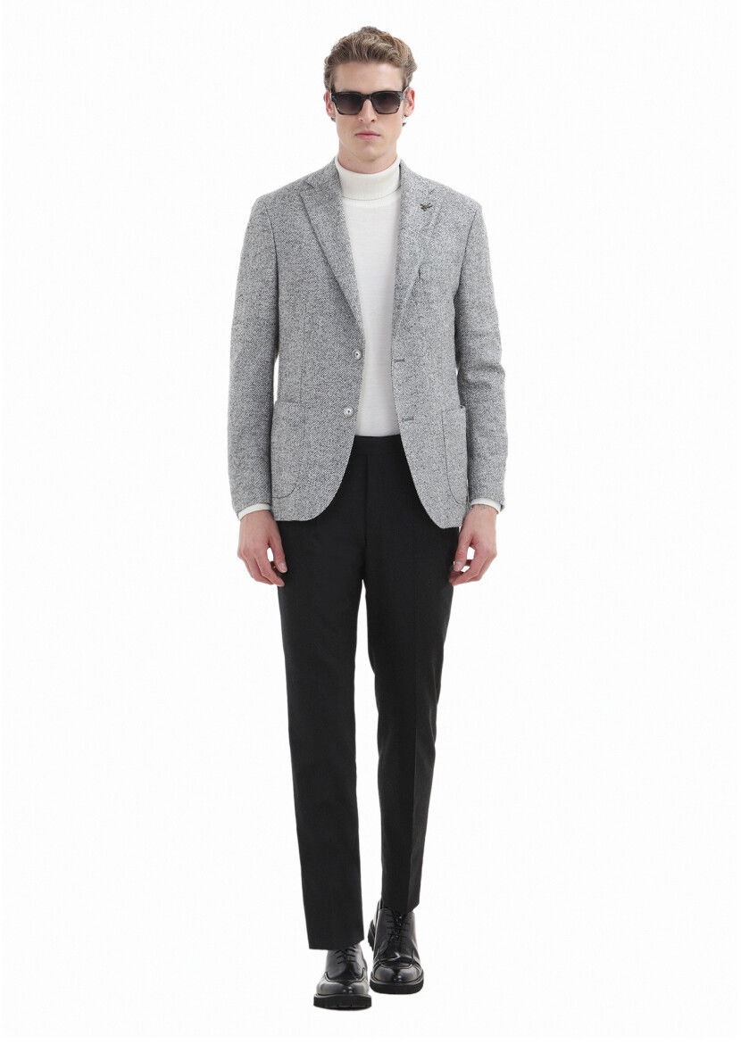 Açık Gri Desenli Shirt Shoulder Slim Fit %100 Yün Örme Ceket - 2