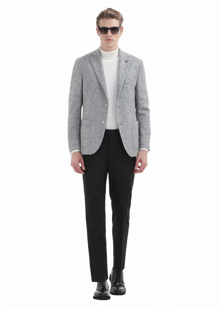 Açık Gri Desenli Shirt Shoulder Slim Fit %100 Yün Örme Ceket - 2