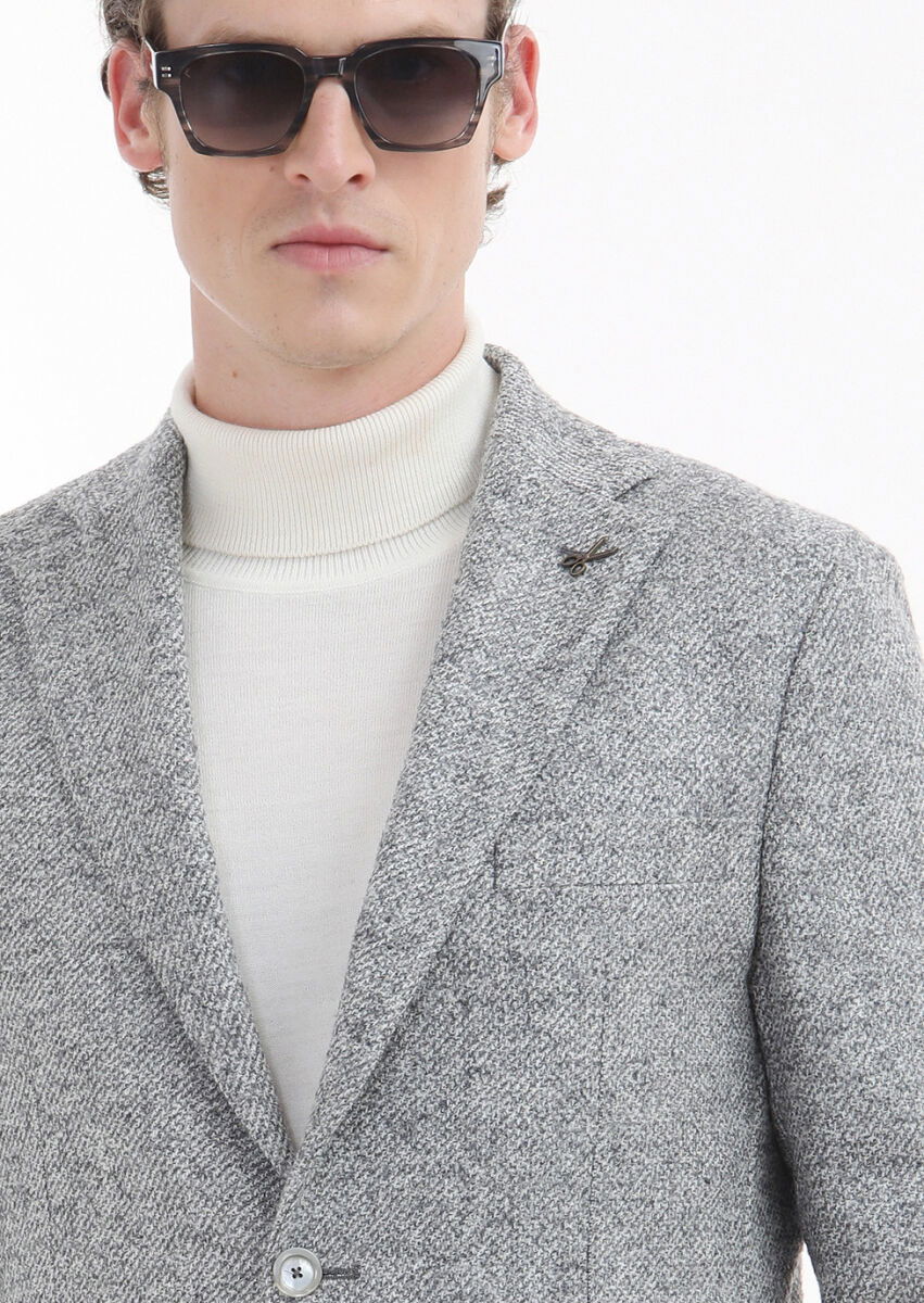 Açık Gri Desenli Shirt Shoulder Slim Fit %100 Yün Örme Ceket - 3