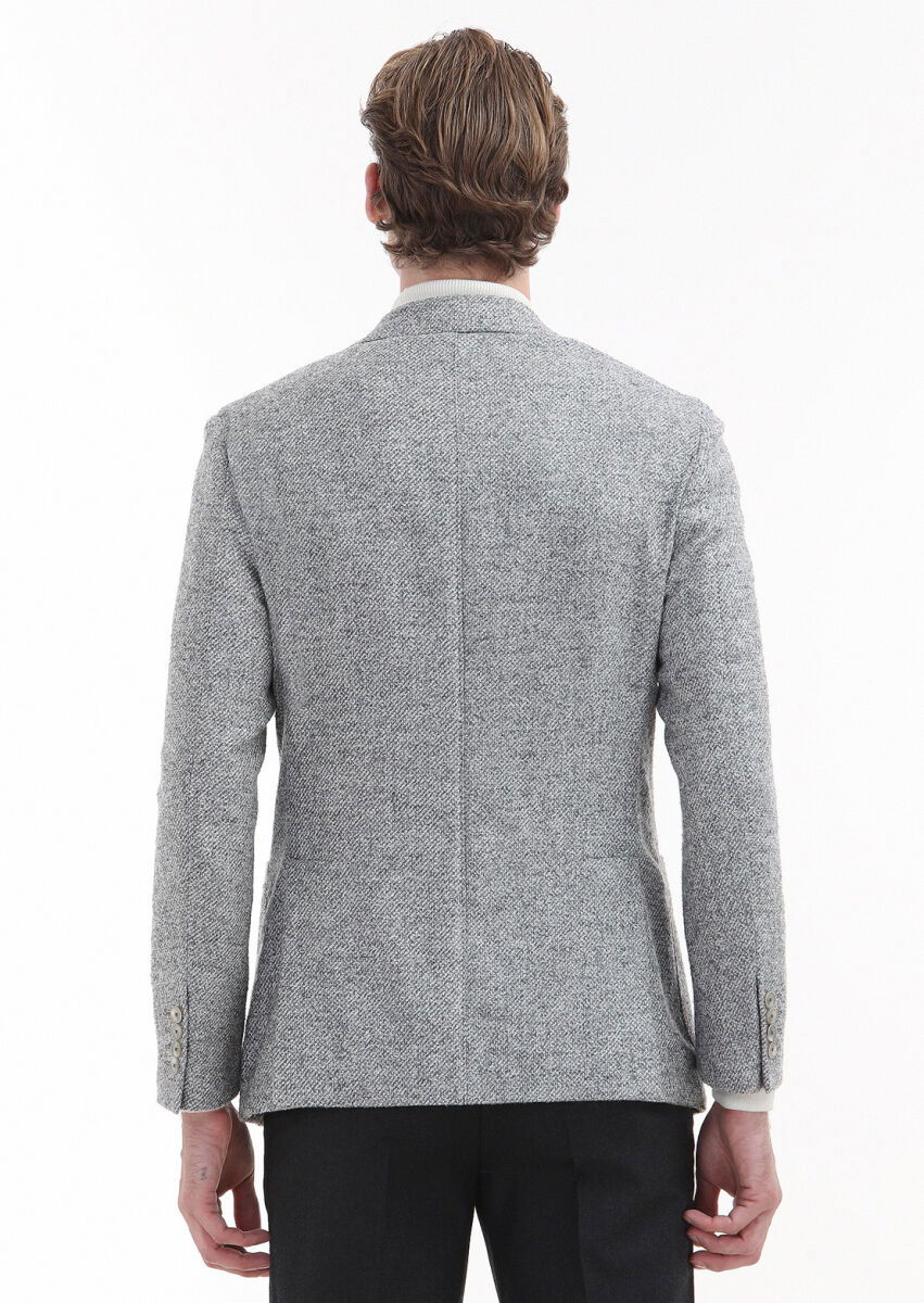 Açık Gri Desenli Shirt Shoulder Slim Fit %100 Yün Örme Ceket - 5