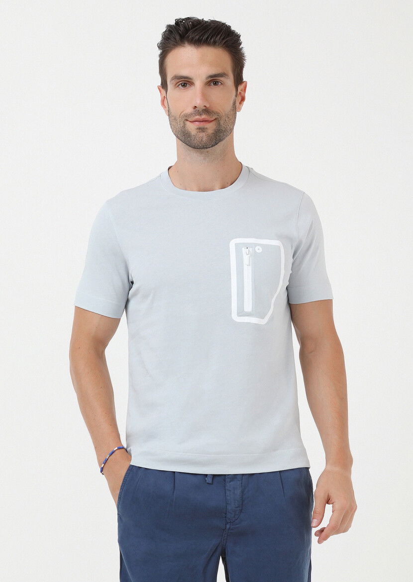 Açık Gri Düz Bisiklet Yaka %100 Pamuk T-Shirt - 1