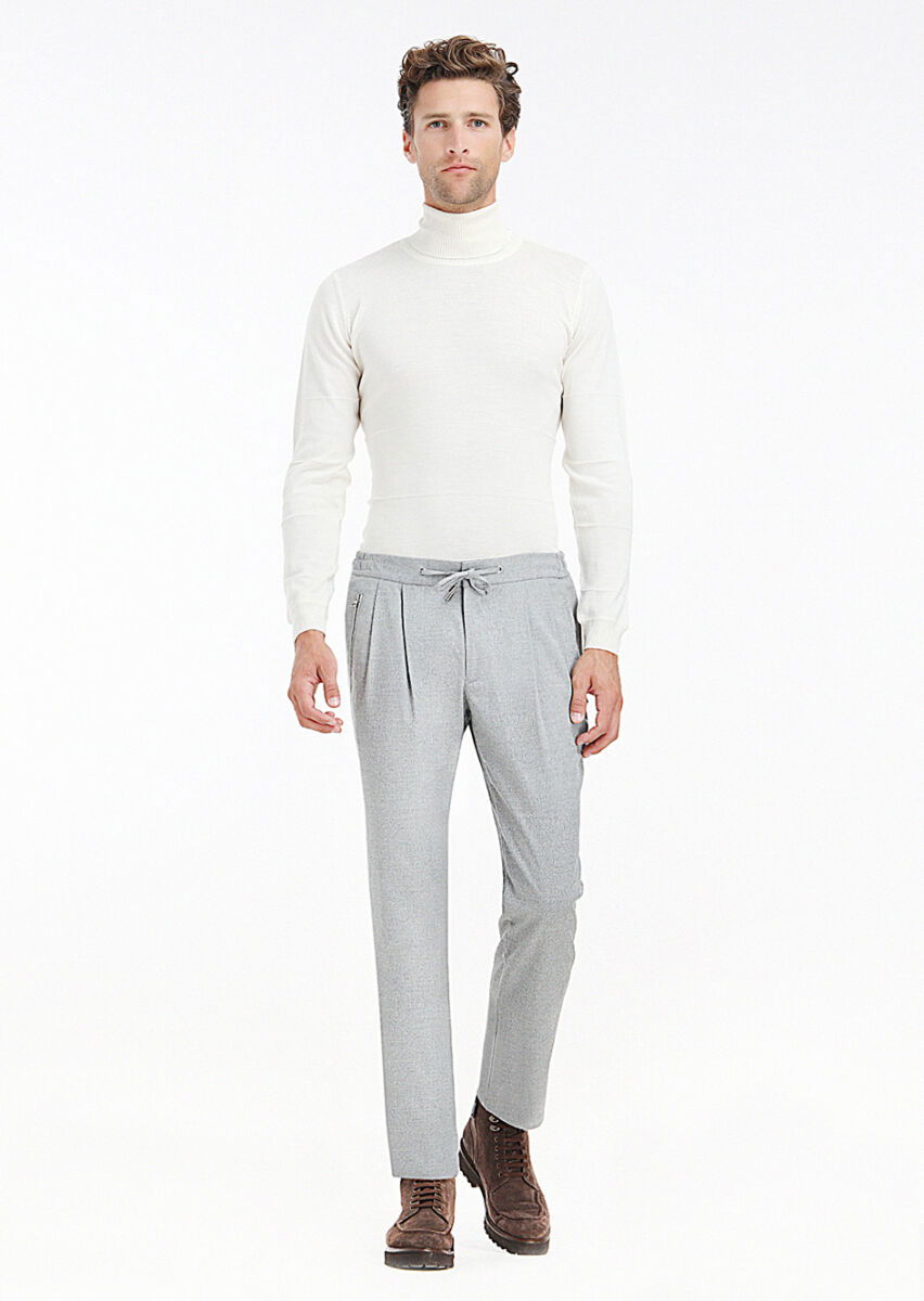 Açık Gri Düz Dokuma Jogging Fit Casual Pantolon - 2
