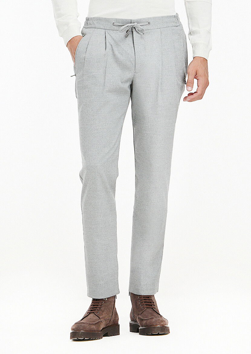Açık Gri Düz Dokuma Jogging Fit Casual Pantolon - 4