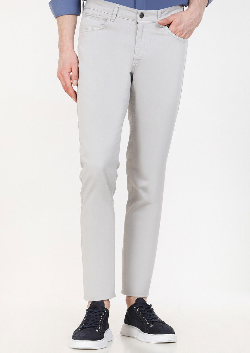 Açık Gri Düz Dokuma Slim Fit Casual Pamuk Karışımlı Pantolon 