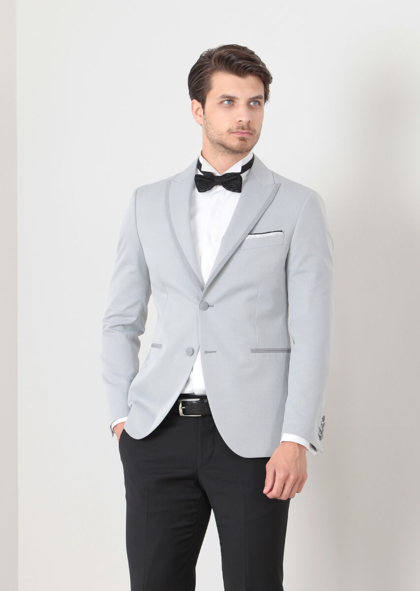 Açık Gri Düz Modern Fit Yün Karışımlı Smokin Ceket - 2