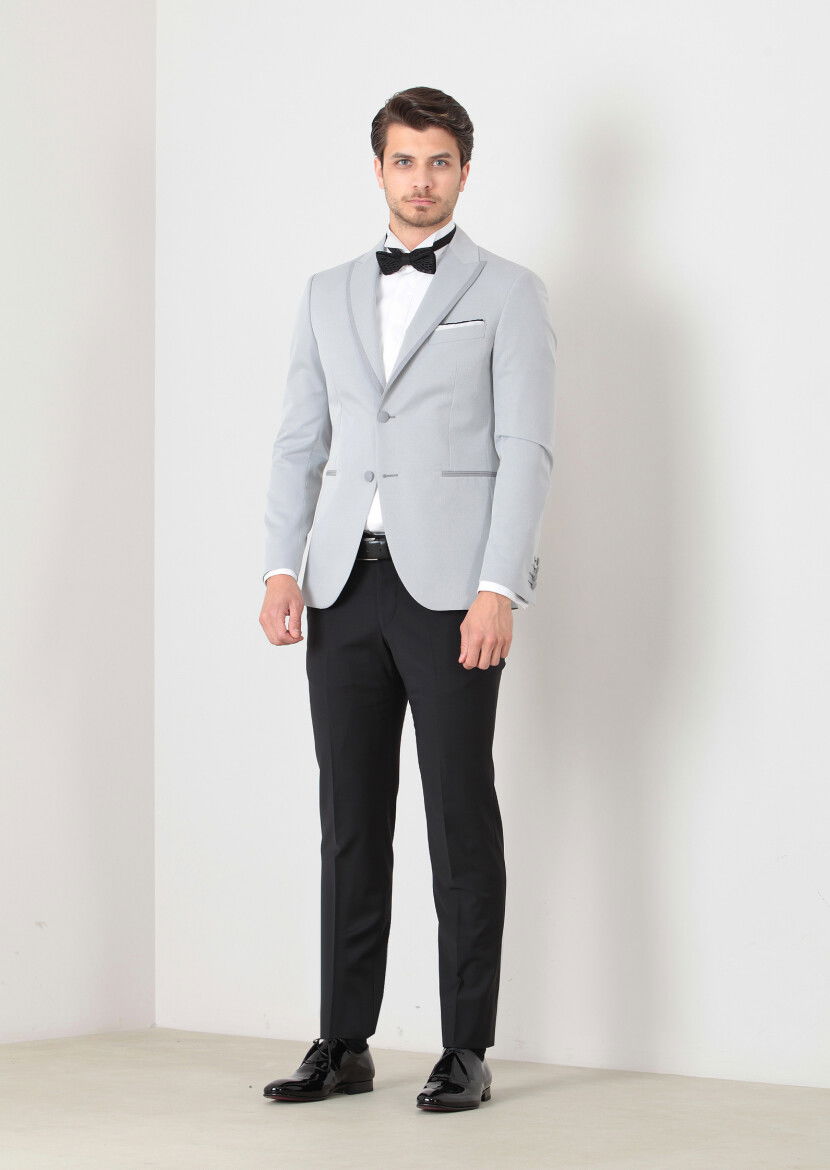 Açık Gri Düz Modern Fit Yün Karışımlı Smokin Ceket - 3