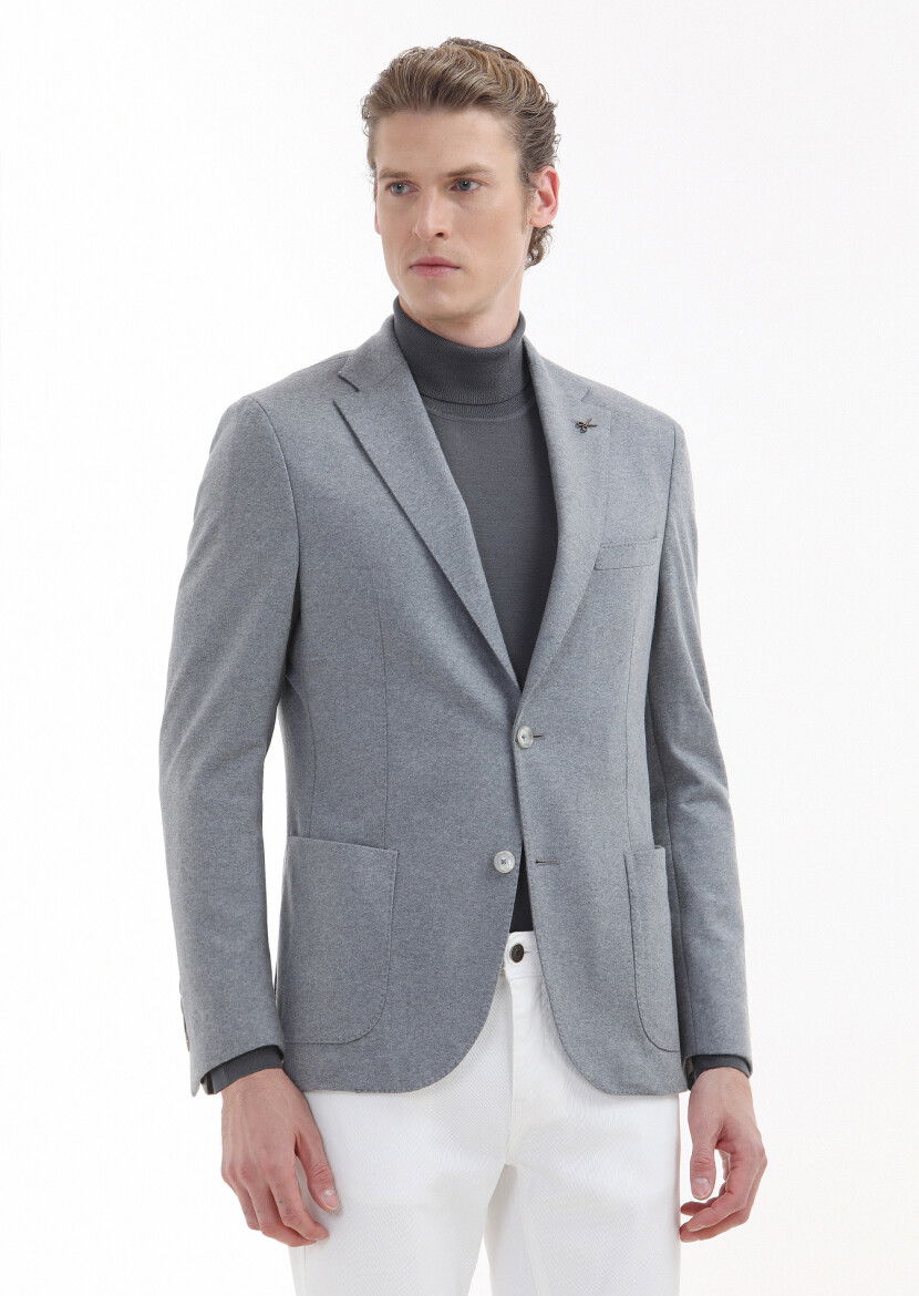 Açık Gri Düz Shirt Shoulder Slim Fit %100 Yün Örme Ceket - 1