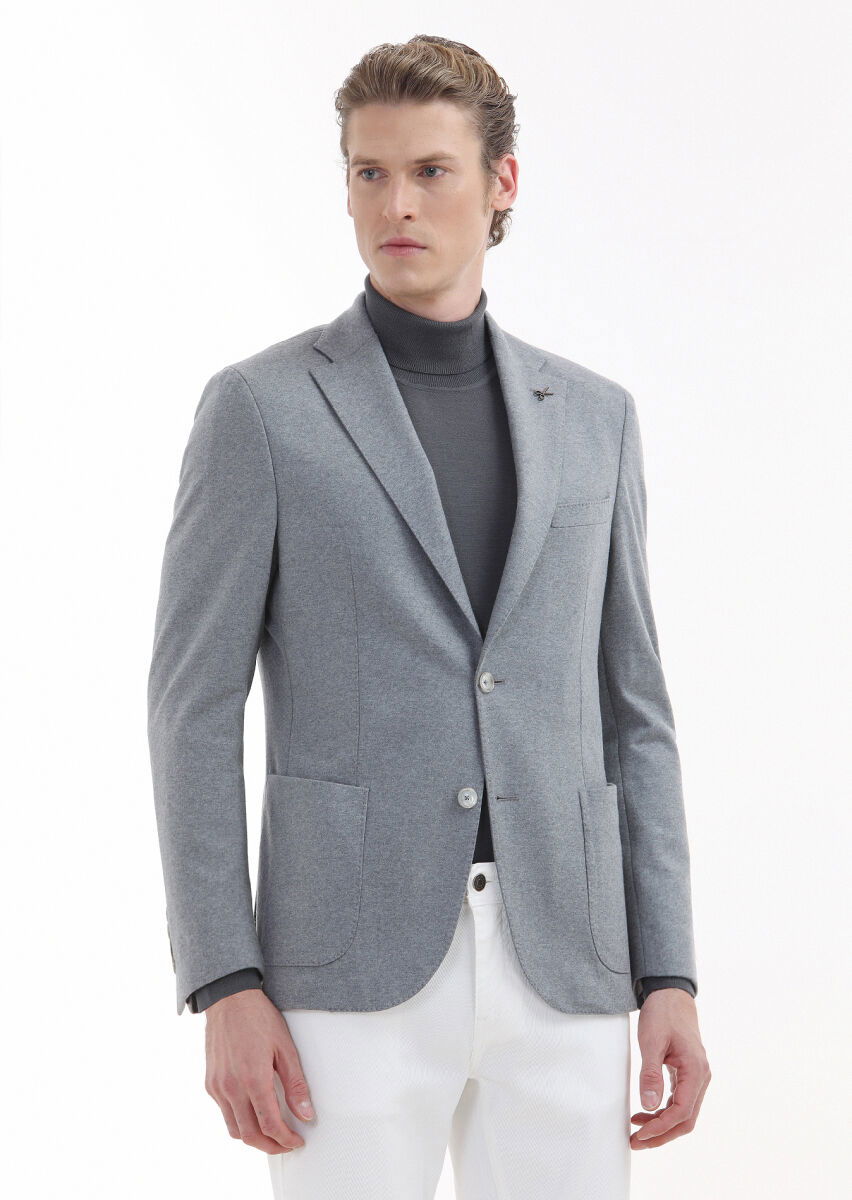 Açık Gri Düz Shirt Shoulder Slim Fit %100 Yün Örme Ceket - 1