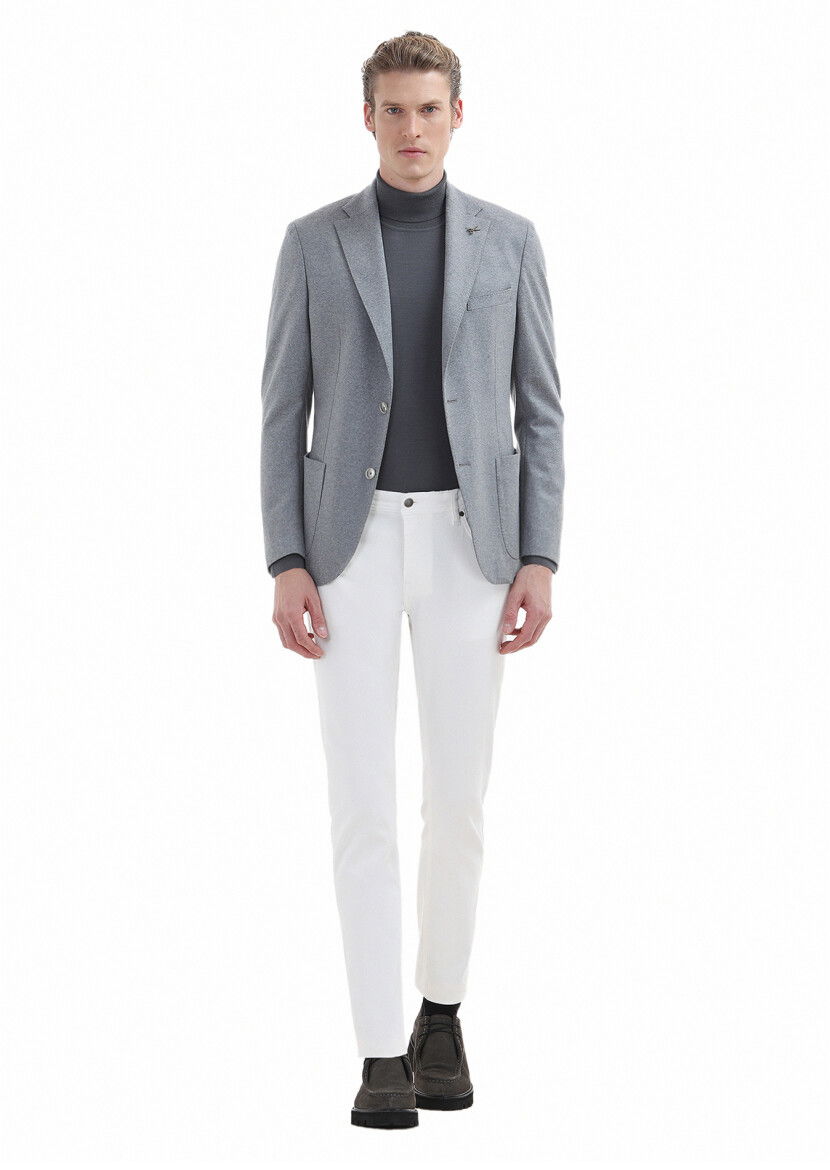 Açık Gri Düz Shirt Shoulder Slim Fit %100 Yün Örme Ceket - 2
