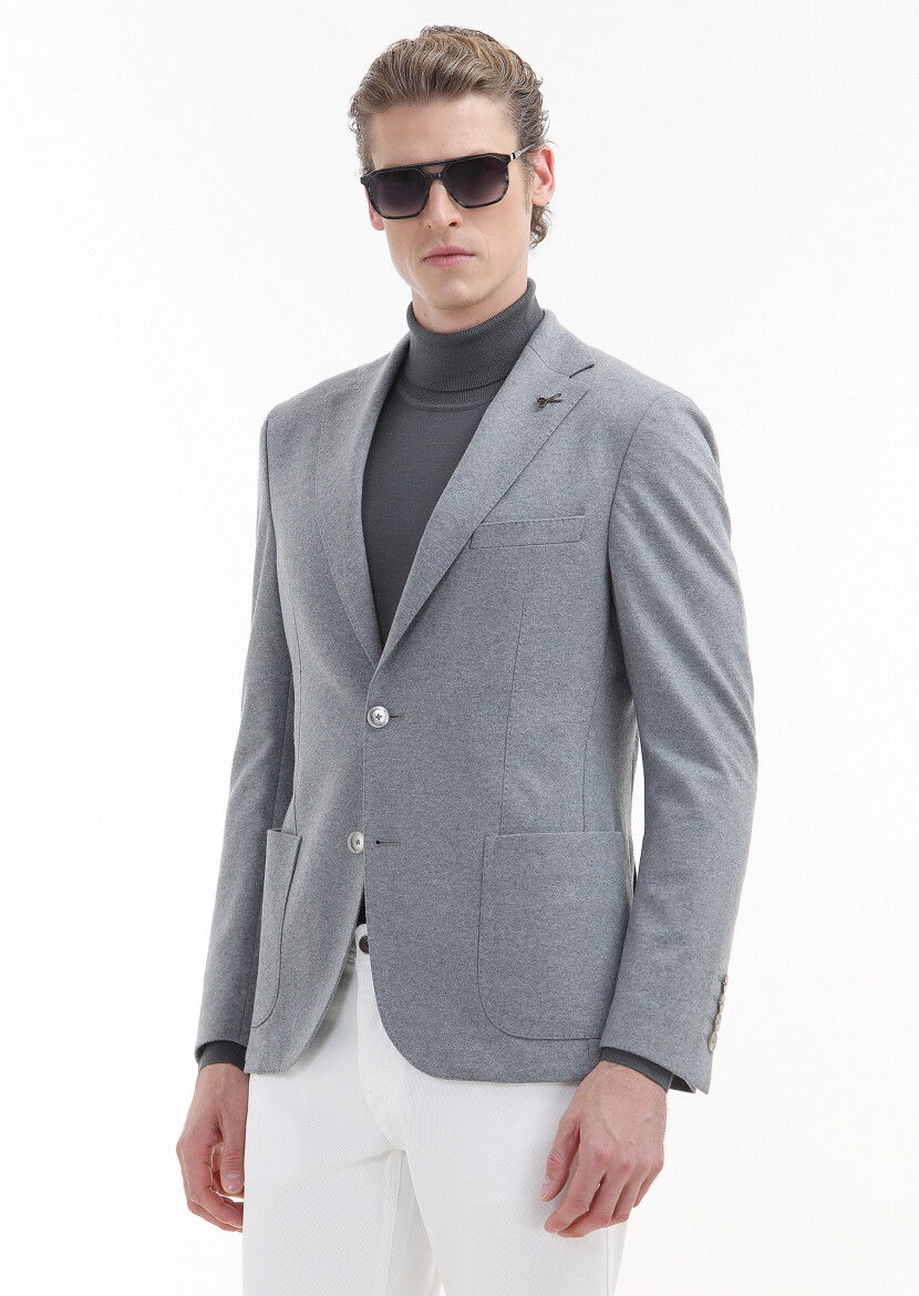 Açık Gri Düz Shirt Shoulder Slim Fit %100 Yün Örme Ceket - 3