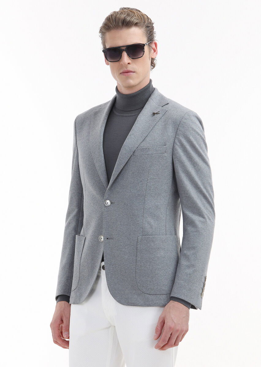Açık Gri Düz Shirt Shoulder Slim Fit %100 Yün Örme Ceket - 3