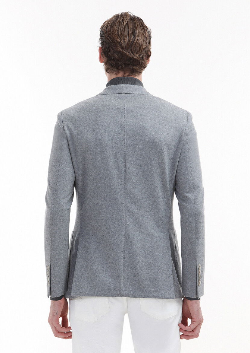Açık Gri Düz Shirt Shoulder Slim Fit %100 Yün Örme Ceket - 6