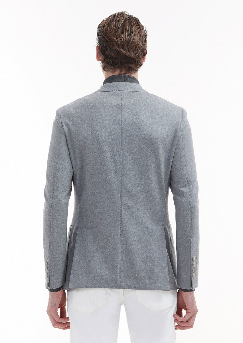 Açık Gri Düz Shirt Shoulder Slim Fit %100 Yün Örme Ceket - 6