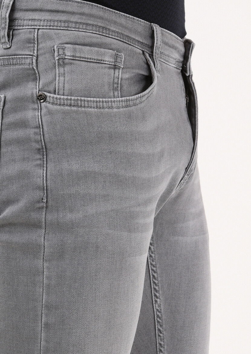 Açık Gri Düz Slim Fit Denim Pamuk Karışımlı Pantolon - 3
