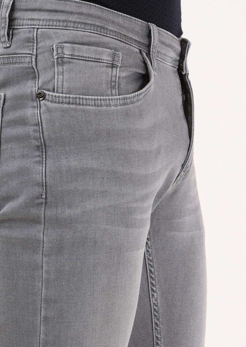 Açık Gri Düz Slim Fit Denim Pamuk Karışımlı Pantolon - 3
