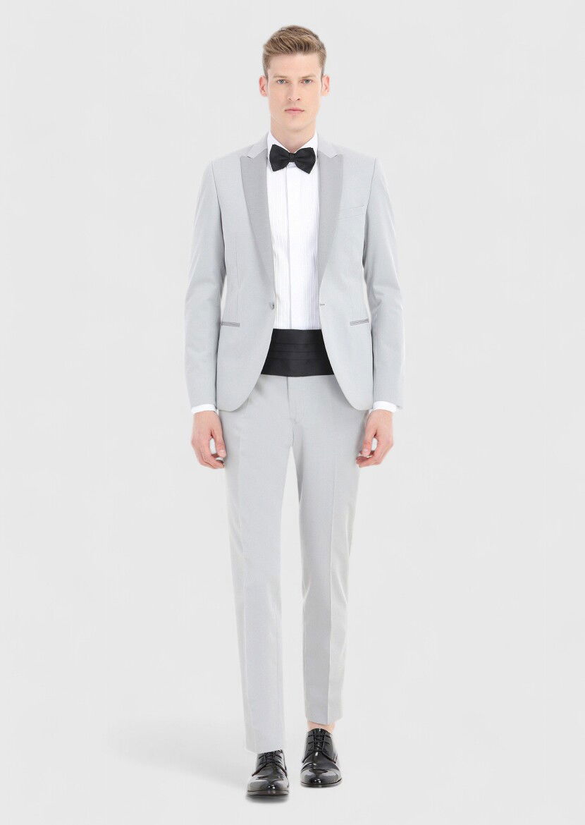 Açık Gri Fashion Slim Fit Kruvaze Yaka Dokuma Smokin Takım Elbise - 1