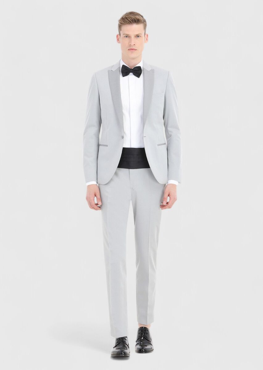 Açık Gri Fashion Slim Fit Kruvaze Yaka Dokuma Smokin Takım Elbise - 1