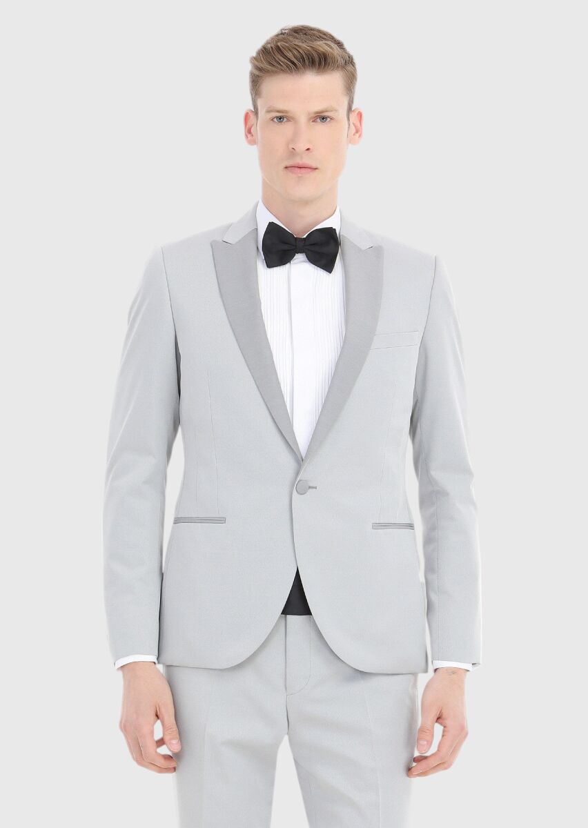 Açık Gri Fashion Slim Fit Kruvaze Yaka Dokuma Smokin Takım Elbise - 2