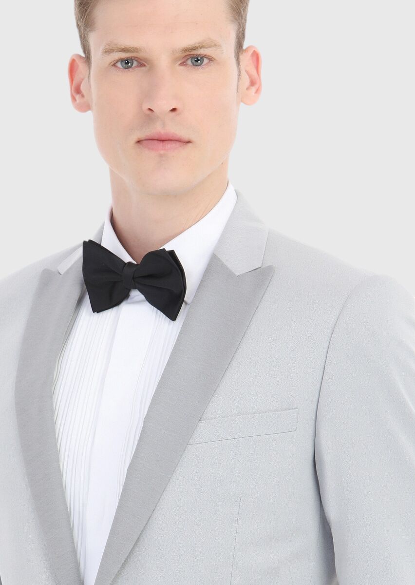 Açık Gri Fashion Slim Fit Kruvaze Yaka Dokuma Smokin Takım Elbise - 3