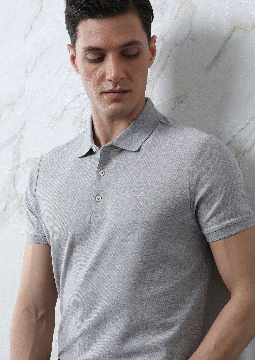 Açık Gri Jakarlı Polo Yaka %100 Pamuk T-Shirt 