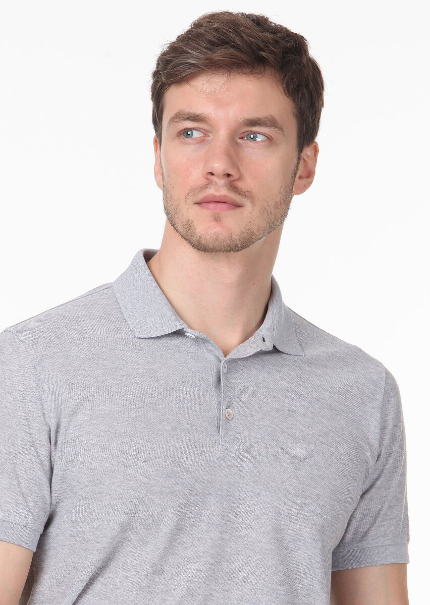 Açık Gri Jakarlı Polo Yaka %100 Pamuk T-Shirt - 2