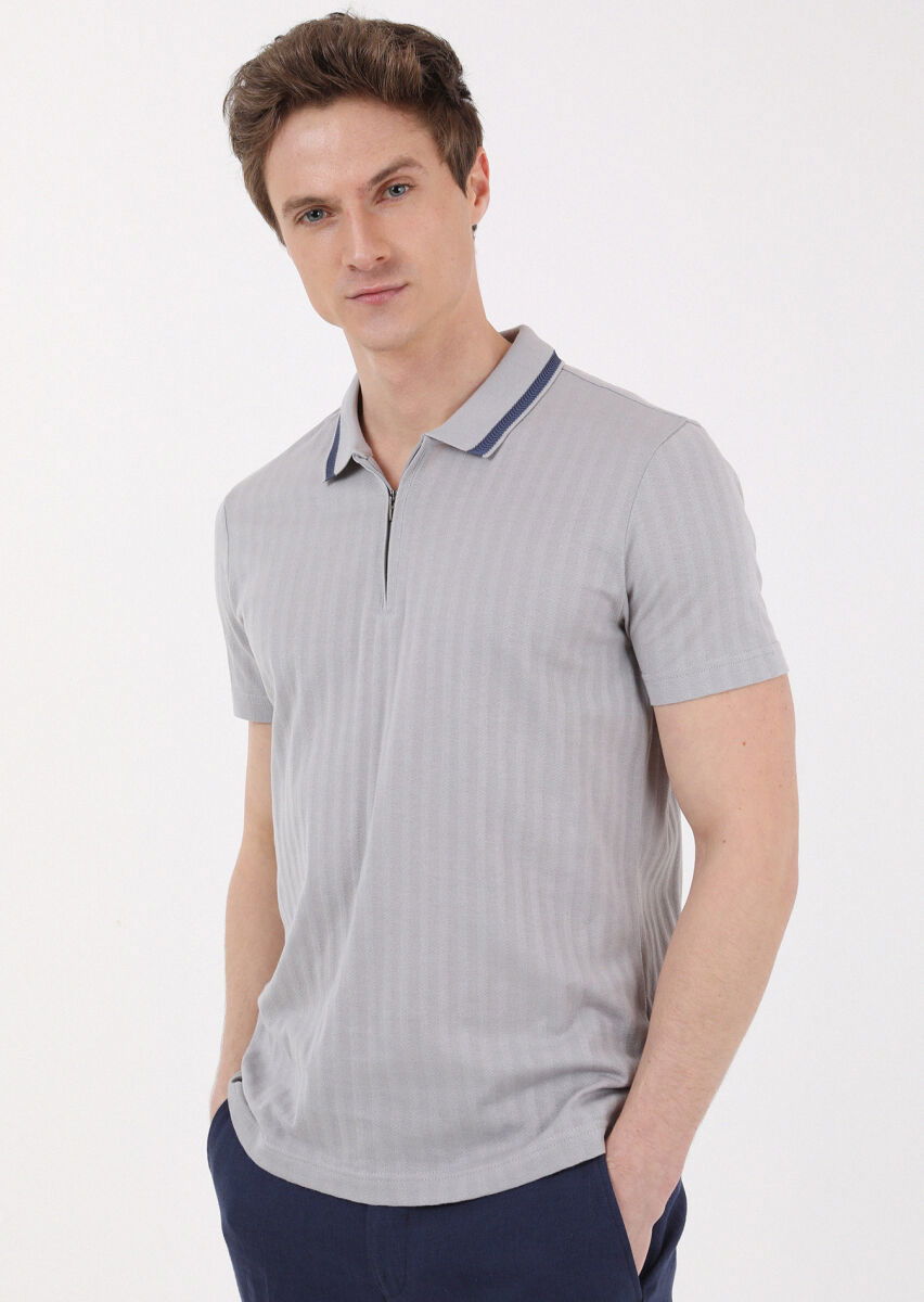 Açık Gri Jakarlı Polo Yaka %100 Pamuk T-Shirt - 2