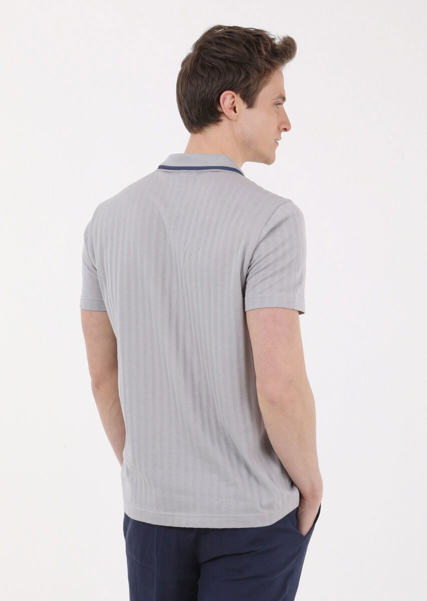 Açık Gri Jakarlı Polo Yaka %100 Pamuk T-Shirt - 5