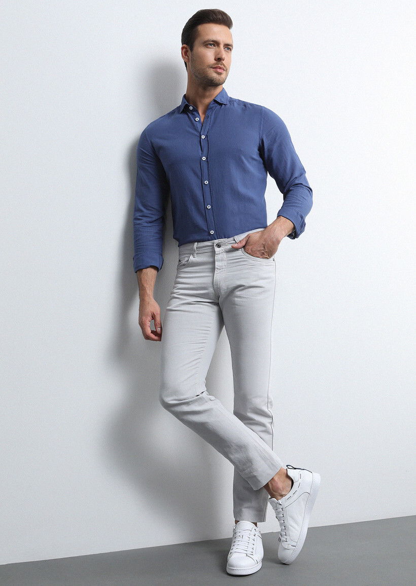 Açık Gri Mikro Dokuma Slim Fit Casual Pamuk Karışımlı Pantolon - 3