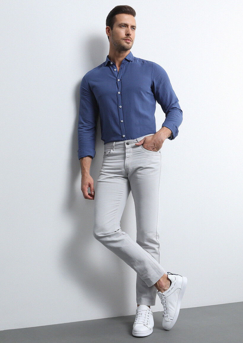 Açık Gri Mikro Dokuma Slim Fit Casual Pamuk Karışımlı Pantolon - 3