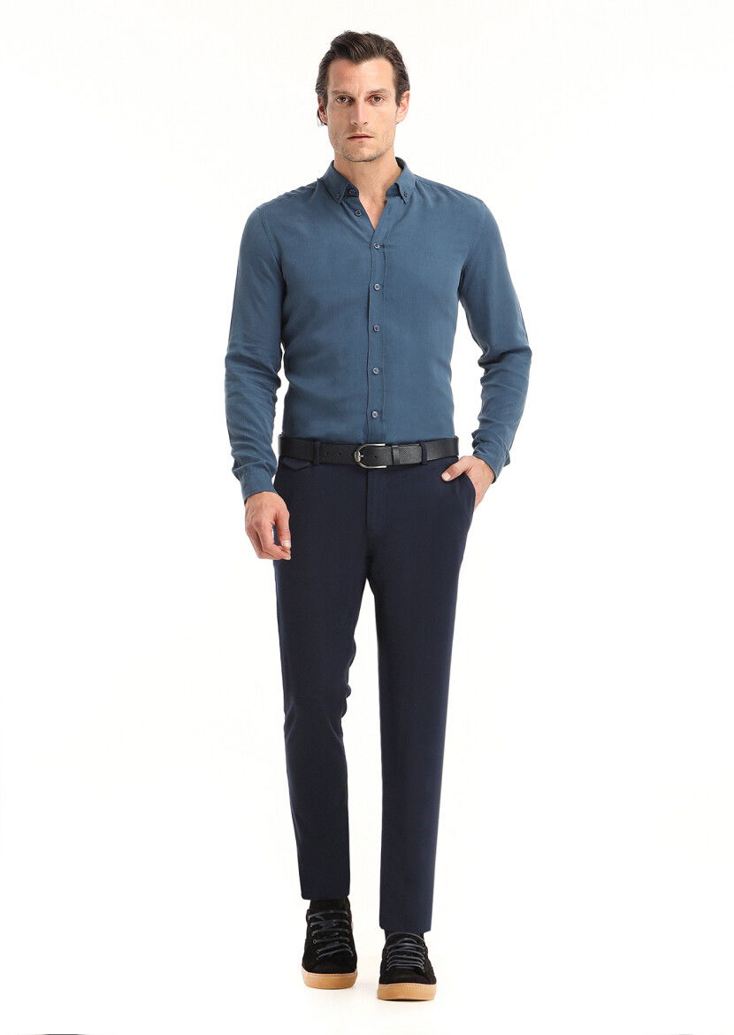 Açık İndigo Düz Regular Fit Dokuma Casual Gömlek 