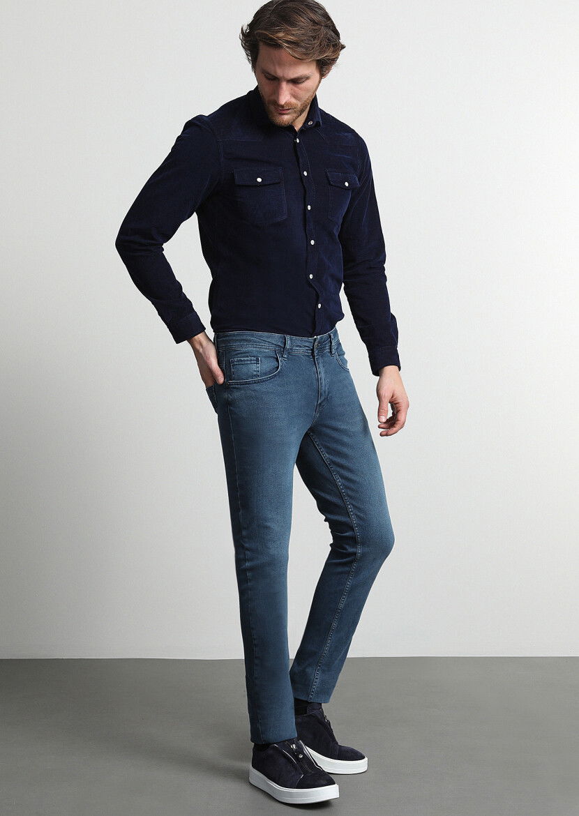 Açık İndigo Düz Slim Fit Denim Pamuk Karışımlı Pantolon - 1