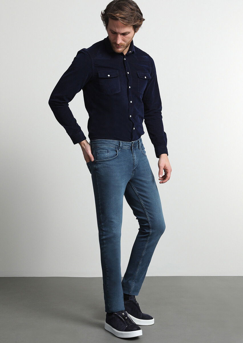Açık İndigo Düz Slim Fit Denim Pamuk Karışımlı Pantolon - 1