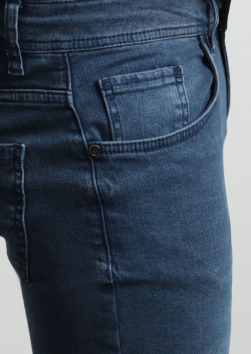 Açık İndigo Düz Slim Fit Denim Pamuk Karışımlı Pantolon - 2