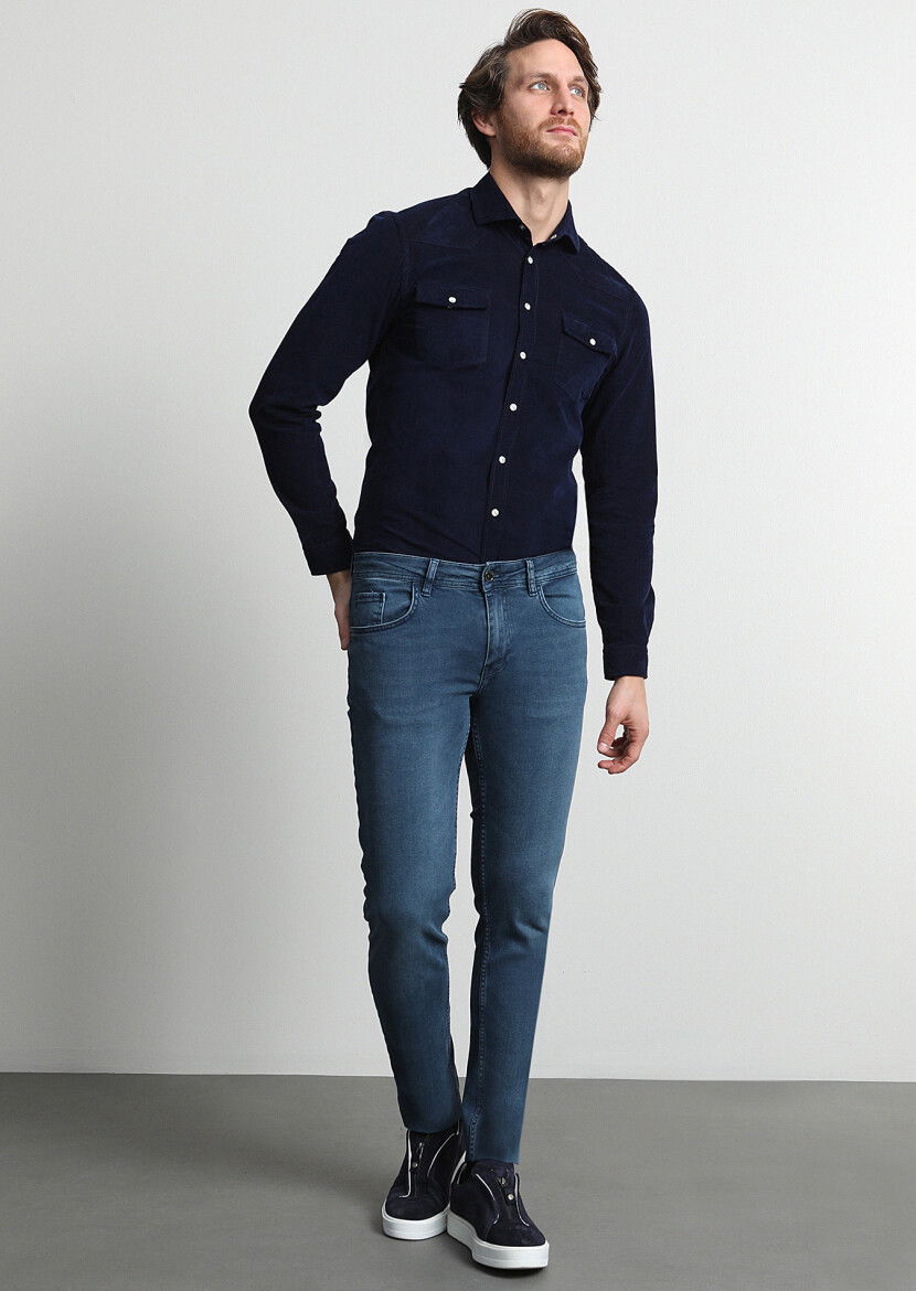 Açık İndigo Düz Slim Fit Denim Pamuk Karışımlı Pantolon - 3