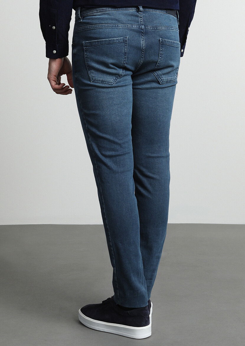 Açık İndigo Düz Slim Fit Denim Pamuk Karışımlı Pantolon - 4