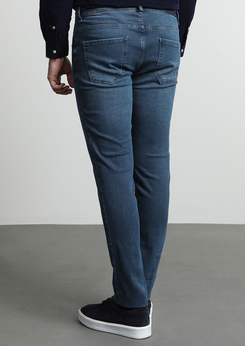 Açık İndigo Düz Slim Fit Denim Pamuk Karışımlı Pantolon - 4