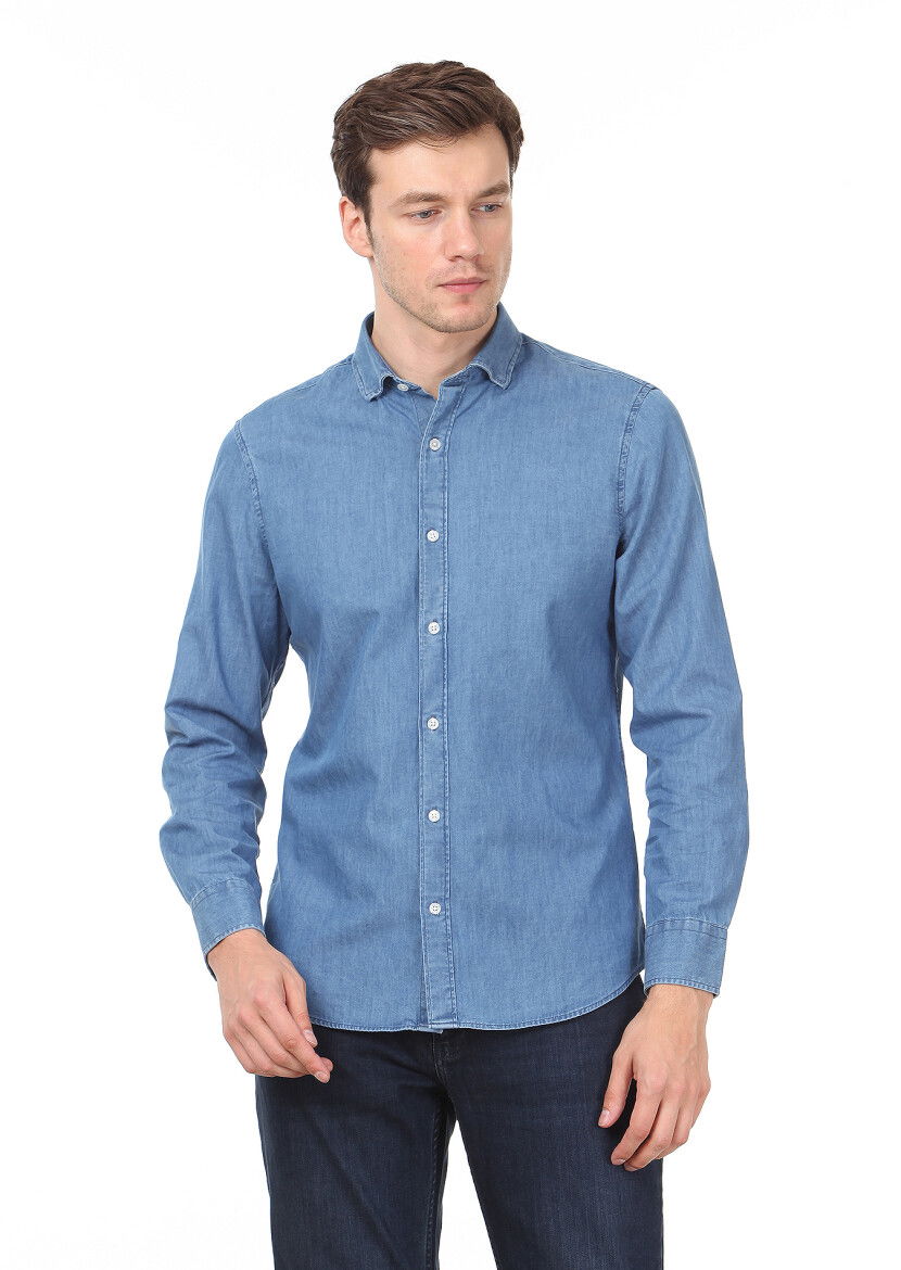 Açık İndigo Düz Slim Fit Dokuma Denim %100 Pamuk Gömlek - 1