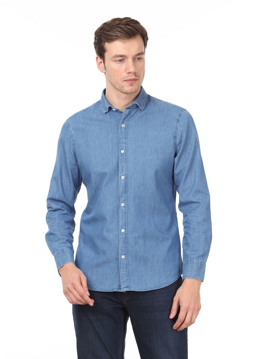 Açık İndigo Düz Slim Fit Dokuma Denim %100 Pamuk Gömlek - 1
