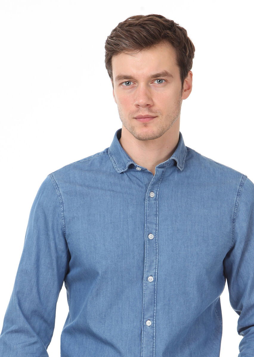 Açık İndigo Düz Slim Fit Dokuma Denim %100 Pamuk Gömlek - 2