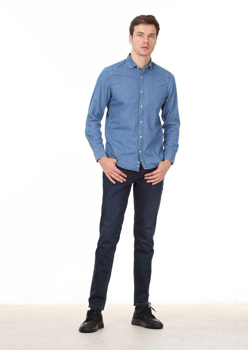 Açık İndigo Düz Slim Fit Dokuma Denim %100 Pamuk Gömlek - 3