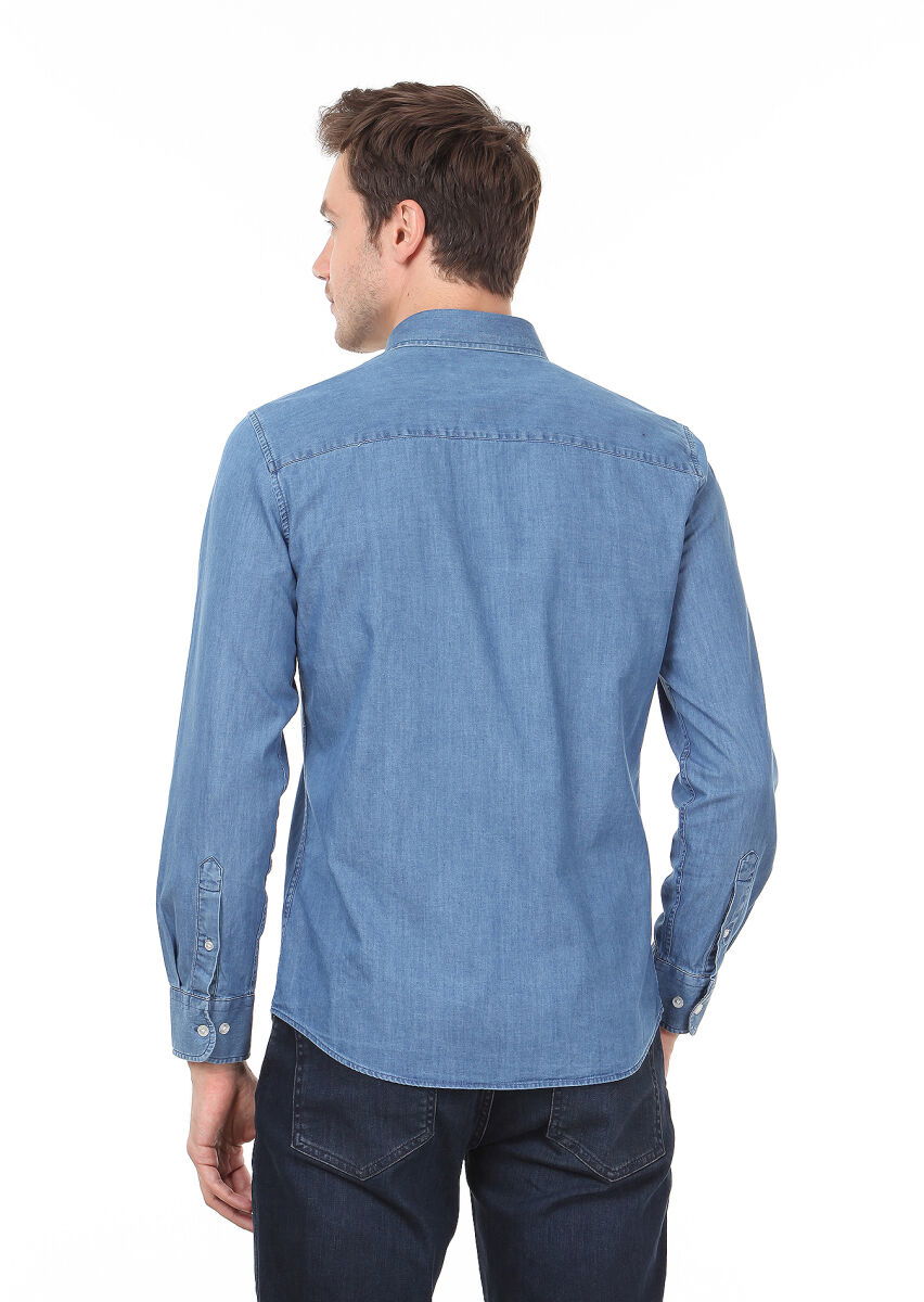 Açık İndigo Düz Slim Fit Dokuma Denim %100 Pamuk Gömlek - 4