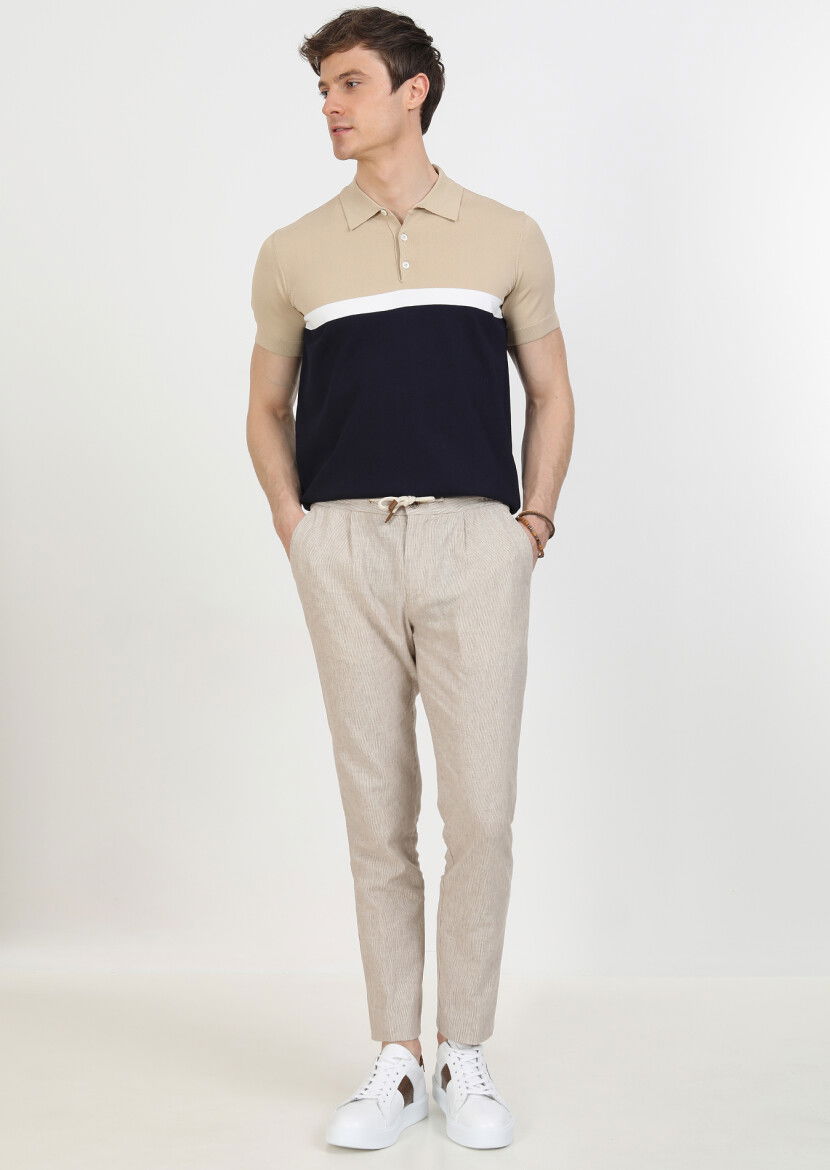 Açık Kahve Çizgili Dokuma Jogging Fit Casual Pamuk Karışımlı Pantolon 