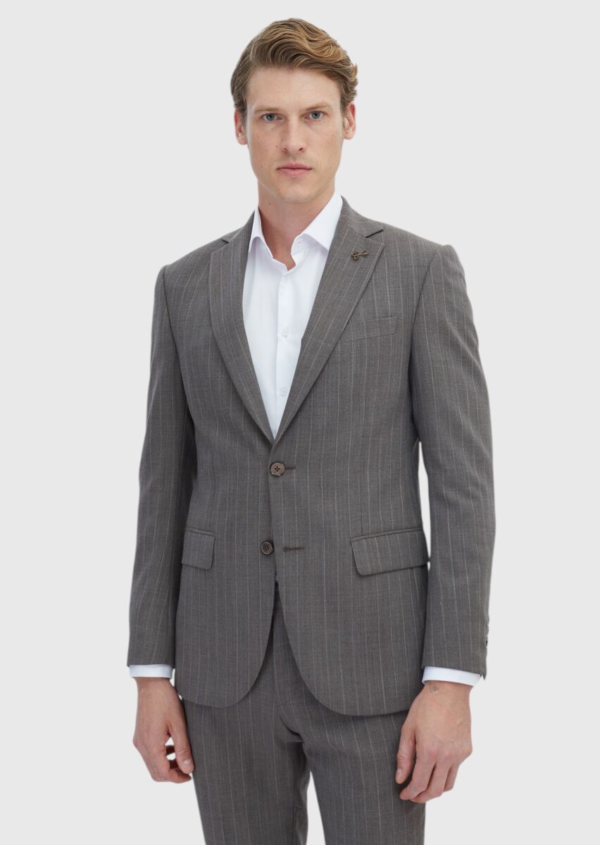Açık Kahve Çizgili Modern Fit %100 Yün Takım Elbise - 1