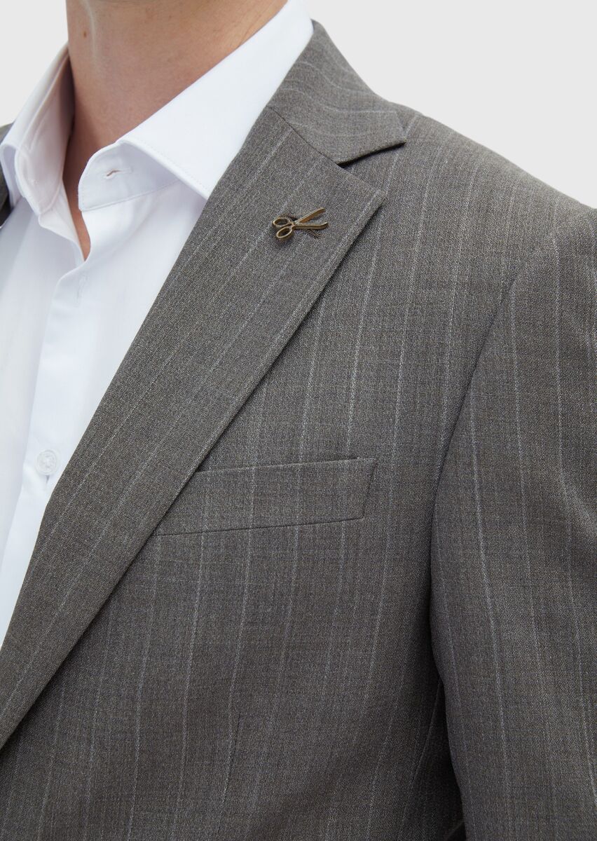 Açık Kahve Çizgili Modern Fit %100 Yün Takım Elbise - 4