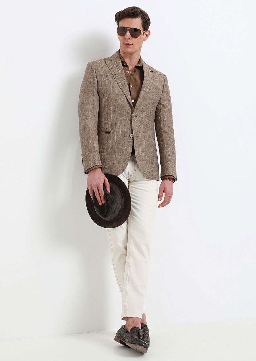 Açık Kahve Çizgili Zeroweight Slim Fit %100 Keten Ceket - 1